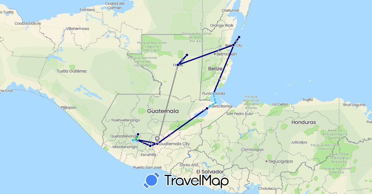 TravelMap itinerary: driving, bus, plane, boat in Belize, Guatemala (North America)